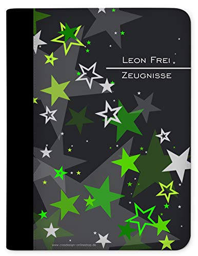 CreaDesign, Kinder Zeugnismappe mit Namen personalisiert, Motiv Sternenhimmel Grün ohne Klarsichthüllen, A4, 24 x 31 x 1 cm, Rücken schwarz