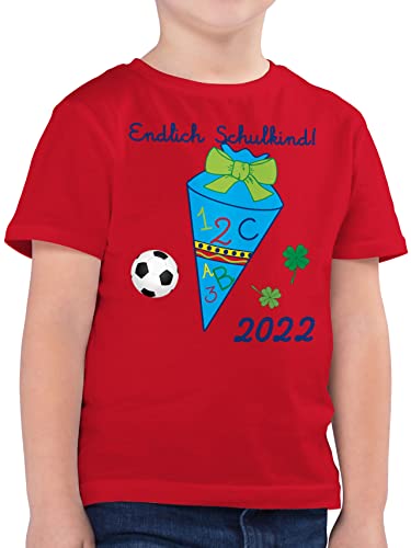 Schulkind Einschulung und Schulanfang - Endlich Schulkind Fußball 2022 Jungen Schultüte blau - 116 (5/6 Jahre) - Rot - t-Shirt mit fußball - F130K - Kinder Tshirts und T-Shirt für Jungen