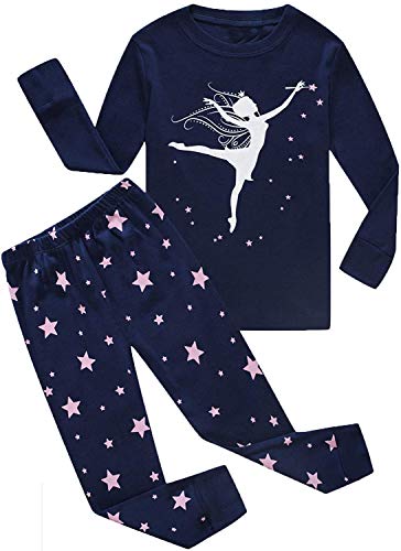 CM-Kid Schlafanzug Mädchen Lang Kinder Pyjama Set Baumwolle 6 7 Jahre, 1# Fluoreszenz Tanzendes Mädchen Dunkelblau, Gr.122