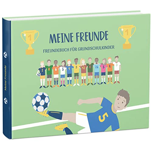 mintkind® „Meine Schulfreunde“ Freundebuch für Jungen und Mädchen – Fußball Freundschaftsbuch für die Grundschule | Geschenk zur Einschulung | Schulfreundebuch zum Ausfüllen im Fussball Design