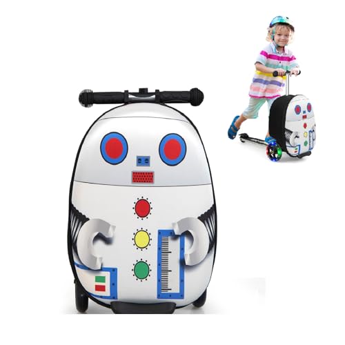 GOPLUS 2 in 1 Kinderkoffer mit Roller, 26 Zoll Reisegepäck mit Eva-Gehäuse & blinkenden LED-Rädern, Klappbarer Scooter mit einziehbarem Lenker für Kinder ab 5 Jahre alt (Roboter)