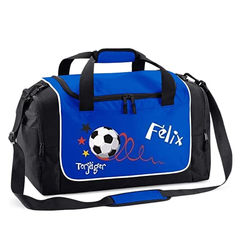 Mein Zwergenland Sporttasche Kinder personalisierbar 38L, Kindersporttasche mit Name und Torjäger Bedruckt in Royalblau