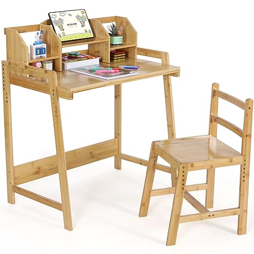 Kinderschreibtisch Höhenverstellbar, Kinder Schreibtisch mit Stuhl, Bambus Holz Schreibtisch, Schülerschreibtisch mit Buchhalterung Stauraum, Schreibtisch Set für Kinder Mädchen, Natürliche Farbe