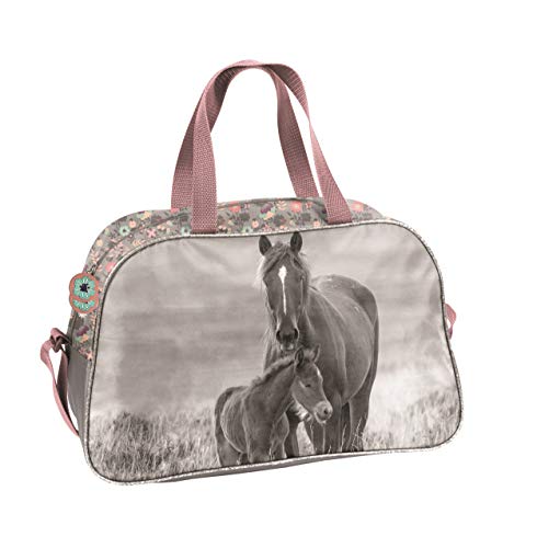 Reisetasche Mädchen Kinderreisetasche Pferd Schwimmtasche Sporttasche Umhängetasche Weekender - 40 x 25 x 13 cm, Rose/grau