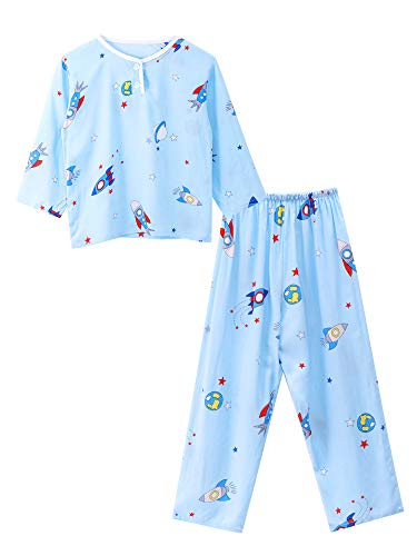 iEFiEL Kinder Jungen Mädchen Schlafanzug Langarm Shirt Lange Hose Zweiteiliger Pyjama Set Cartoon Bedruckt Nachtwäsche 98-164 Blau 152-164