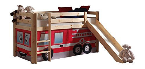 Vipack PICOHSGB1070 Spielbett Pino mit Rutsche und Textilset Feuerwehr, Maße 210 x 114 x 218 cm, Liegefläche 90 x 200 cm, Kiefer massiv Natur lackiert