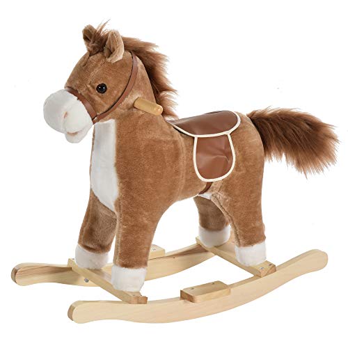 HOMCOM Kinder Schaukelpferd Baby Schaukeltier Pferd mit Tiergeräusche Spielzeug Haltegriffe für 36-72 Monate Plüsch Braun 65 x 32,5 x 61 cm