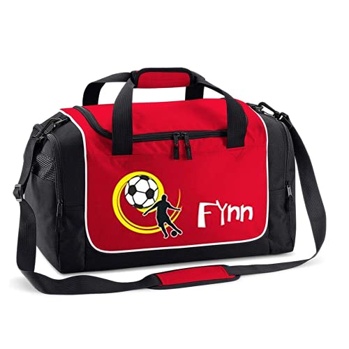 Mein Zwergenland Sporttasche Kinder personalisierbar 38L, Kindersporttasche mit Name und Fußball gelb Bedruckt in Rot