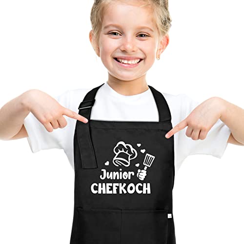 upain Kinderschürze Mädchen Jungen, Malschürze Kinder -Junior Chefkoch - Lustig Kochschürze Schürze mit 2 Taschen, Geschenk zum Malen Kochen Backen Küche Schwarz