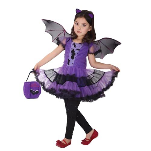 Mädchen Fledermaus Halloween Kostüm Hexe Cosplay Kostüm Tutu Kleid Set für Kinder (4-6 Jahre, Fledermaus Lila)