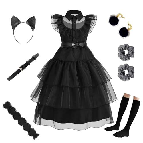 Eadaion Mädchen schwarz Halloween kostüm kinder Up lange Kostüm Kleid für Kinder Familie Fancy Cosplay Halloween Party Outfit 4-14 Jahre (Schwarz, 140)