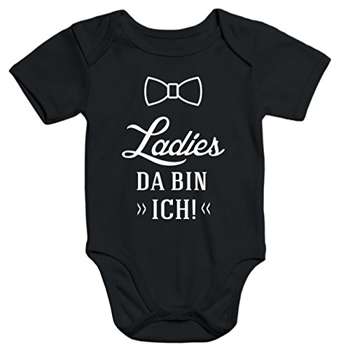 MoonWorks lustiger Baby-Body mit Aufdruck Ladies da Bin ich Bio-Baumwolle Kurzarm schwarz 0-3 Monate