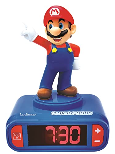 Lexibook - Nintendo Super Mario - Wecker Nachtlicht, Leuchtfigur, Auswahl aus 6 Alarmen, 6 Soundeffekten, Uhr, Wecker für Jungen und Mädchen, Snooze, Blau/Rot - RL800NI