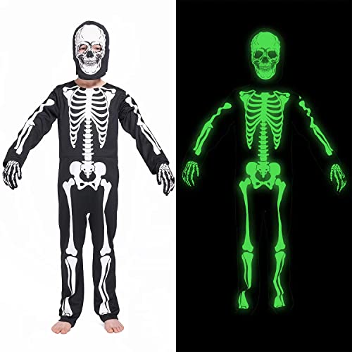 Rabtero Kinder Skelett Kostüm, Halloween Skelett Dress Up, weißer Schädel Knochen Overall mit Kapuze Maske und Handschuhen, Glühen im Dunkeln für Kinder 5-7 Jahre