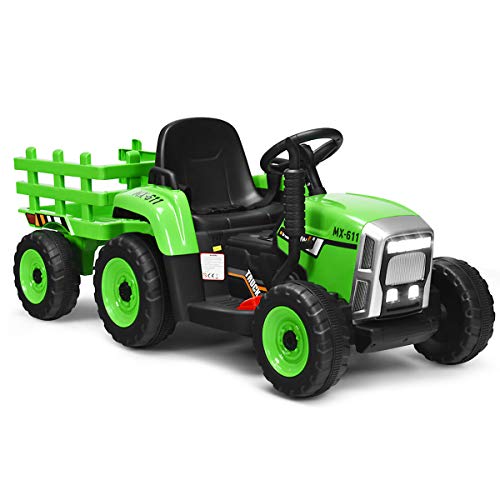 COSTWAY 12V 3-Gang Traktor mit abnehmbarem Anhänger und 2,4G Fernbedienung, Kinder Aufsitztraktor mit LED Lichtern, Musik, Hupe & USB Funktionen, geeignet für Kinder ab 3 Jahren (Grün)