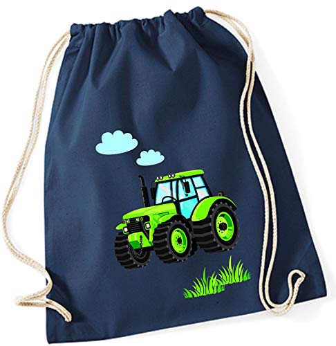 Stoffbeutel für Jungen | Motiv Traktor Bulldog mit Wolken & Gras | Schuhbeutel Sportbeutel zum Zuziehen für Kinder | Turnbeutel mit Kordel in blau grau grün (dunkelblau)