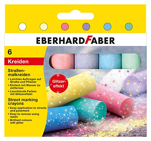 Eberhard Faber 526504 - Straßenmalkreiden in 6 leuchtenden Farben mit Glitzereffekt, im Kartonetui, für bunten Malspaß auf Asphalt, Straßen und Gehwegen