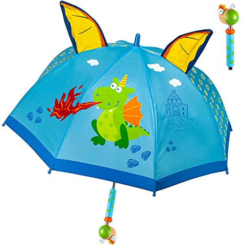 alles-meine.de GmbH Kinderschirm/Regenschirm Motivwahl Mädchen & Jungen - Drache & Ritterburg - 3D Effekt - Jungen Ø 73 cm - Kinder - Stockschirm - groß mit Griff - Holzgri.