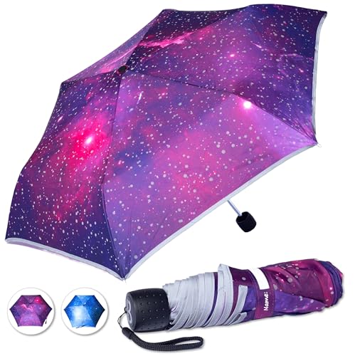 BERGIST® Regenschirm Kinder reflektierend - ultraleicht - Schulranzen - Kinderschirm mit Safety Reflektoren - Mädchen & Junge - Modell Galaxie Lila