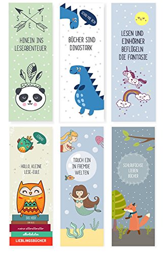 dabelino 6er Set Tiere-Lesezeichen für Kinder (Einhorn, Fuchs, Eulen, Dinosaurier, Panda, Meerjungfrau / Mitgebsel)