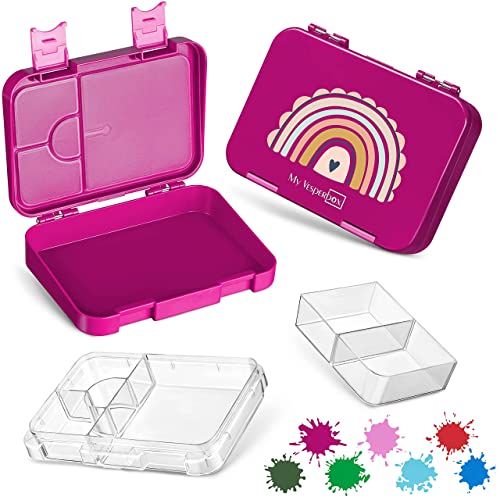 My Vesperbox – Len - Bento Box Kinder - Lunchbox mit 4+2 Fächern - extrem robust – Brotdose – Brotbox ideal für Kindergarten und Schule… (Lila - Regenbogen)