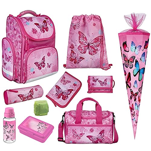 Familando Mädchen Schulranzen-Set 10 TLG. Modell CLOU Ranzen 1. Klasse | Schultasche mit Sporttasche, großer Schultüte und Regenschutz | Butterfly Pink