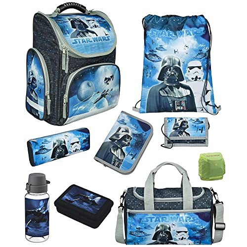 Star Wars Classic Schulranzen-Set 9tlg. Modell CLOU Ranzen 1. Klasse | Schultasche mit Sporttasche | Blau | Regenschutz