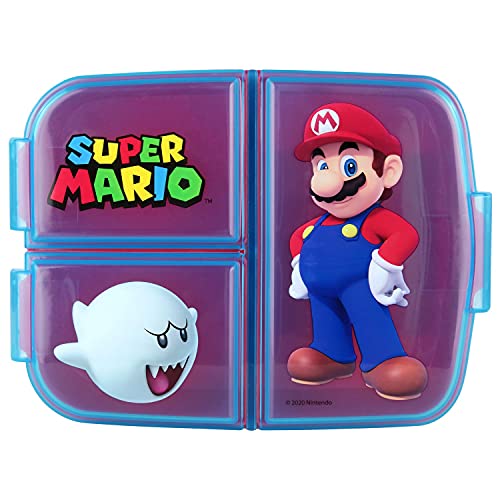 Super Mario Brotdose für Kinder mit 3 Fächern, Lunchbox aus Kunststoff mit Clip-Verschlüssen, Vesperdose für Kindergarten, Schule und Freizeit