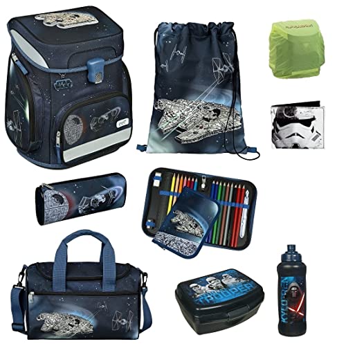Star Wars Schulranzen-Set 9tlg. Modell Easy Fit Ranzen 1. Klasse mit Federmappe gefüllt, großer Sporttasche und Regenschutz