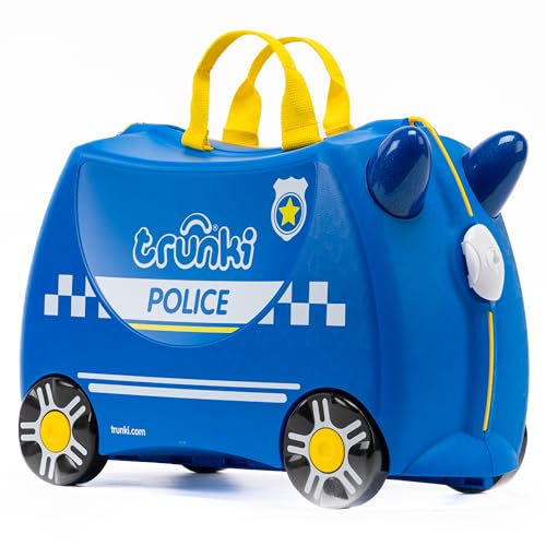Trunki Handgepäck Und Kinderkoffer zum Draufsitzen | Kinder Risen Geschenk für Mädchen Und Jungen | Trolley Percy das Polizeiauto (Blau)