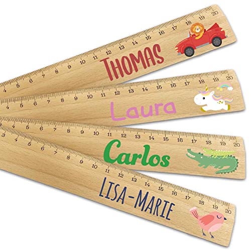 GRAVURZEILE Personalisiertes Lineal zur Einschulung in Verschiedene Designs mit Name & Motiv - 20 cm Holz Lineal - Geschenk für den Schulanfang oder zur Schuleinführung - für Jungen und Mädchen