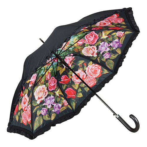 VON LILIENFELD Regenschirm mit Rüsche | Rosen Garten | Doppelte Bespannung - Außen Schwarz - Innen Bedruckt | Auf-Automatik | Windfest | Sehr Stabil | Motiv | Blumen | Damen | Herren