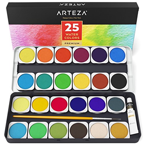 Arteza Tuschkasten, 25 Aquarellfarben für Künstler, Aquarellfarbkasten mit Pinsel, Premium Wassermalkasten für Erwachsene und Kinder für Malen auf Reisen, Skizzieren und Illustrieren