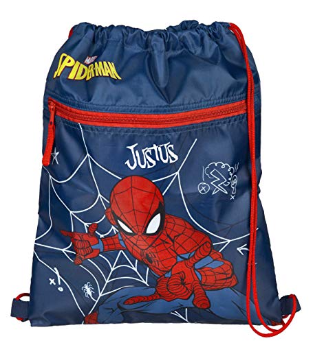 Turnbeutel mit Namen | inkl. NAMENSDRUCK | Motiv Spiderman in blau & rot | personalisieren & bedrucken | Schuhbeutel Sportbeutel zum Zuziehen für Jungen Kinder