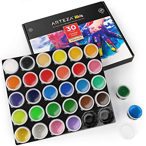 Arteza Fingerfarben, 30 Fingermalfarben für Kinder ungiftig, 30 ml Behälter, abwaschbar, Kinder-Spielzeug für Papier, Leinwand & DIY Projekte
