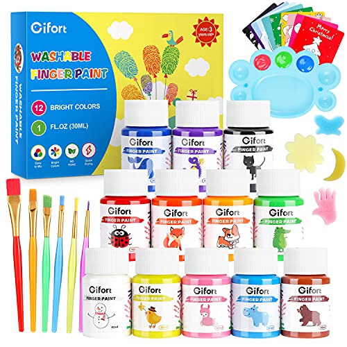 Gifort Fingerfarben, 12 x 30ML Fingermalfarben für Kinder Ungiftig Waschbare, Fingermalerei Kit mit Pinsel, Schwämmen, Karten und Palette für Baby DIY Kunst & Handwerk