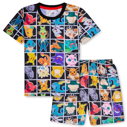 Pokemon Schlafanzug Jungen, Sommer Pyjama Set mit T-Shirt und Schlafhose Shorts (Mehrfarbig, 11-12 Jahre)