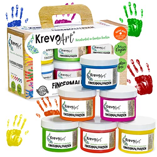 Krevo Art Fingermalfarben, Fingerfarben für Kinder, 6 leuchtkräftige und deckende Farben je 60ml, Auswaschbar, Vermalbar mit Pinsel, Schwamm, Fingern und Füßen