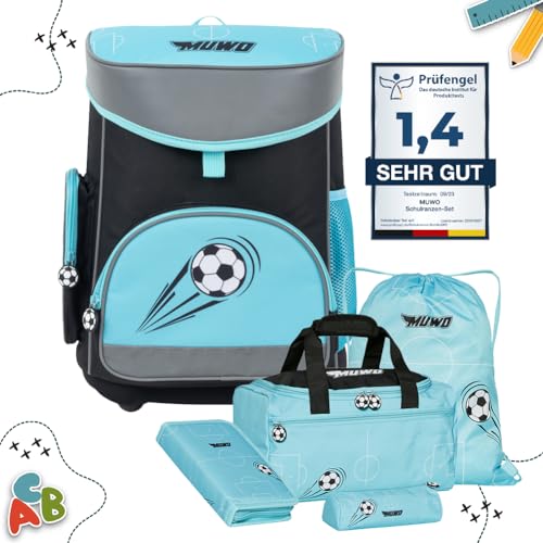 MUWO Kinder Schulranzen Set 5tlg. ergonomischer leichter Schulrucksack mit Sporttasche, Turnbeutel, Federmappe, nur 920 gramm (Fußball Design)