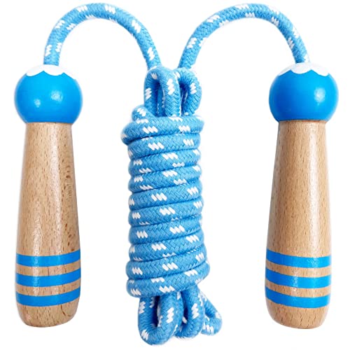 Springseil verstellbar mit Holzgriff und gewebter Baumwolle für Mädchen und Jungen, Springseil Erwachsene Fitness Übung Fettverbrennung Gym Training für Männer Frauen Kinder (blau)