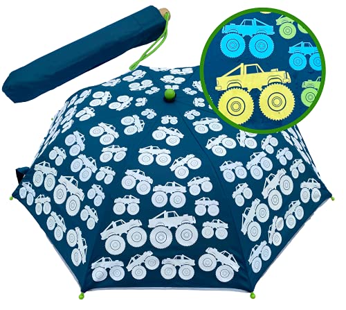 HECKBO Regenschirm Kinder Monster Truck Magic für Jungen Mädchen – Farbwechsel bei Regen – Taschenschirm - passt in jeden Schulranzen – Sturmfest - Geschenke zur Einschulung - mit Holzgriff
