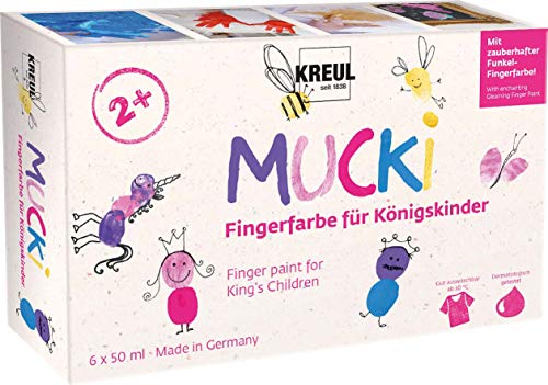 KREUL 23051 - Mucki Fingerfarbe für Königskinder, 6 x 50 ml in Weiß, Feenstaub-Rosa, Pink, Violett, Blau, Goldschatz, parabenfrei, glutenfrei, laktosefrei, vegan, auswaschbar