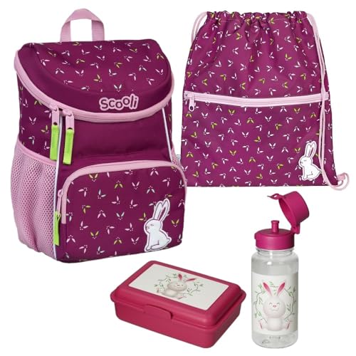Familando Scooli Mini-Me Kindergarten Rucksack für Mädchen | 4-tlg. Set mit Brotdose und Trinkflasche | Ergonomischer Vorschulrucksack für die Kita | Rosie Rabbit Hase