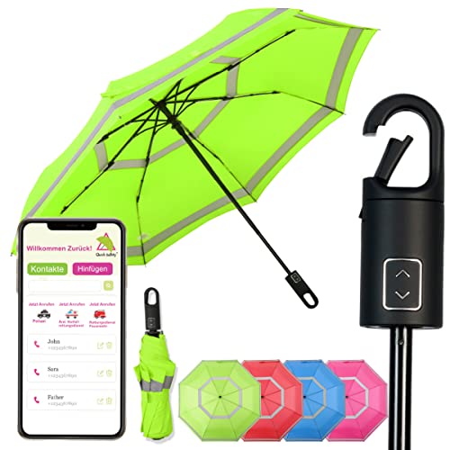 Quick Safety® wander- trekking-regenschirm taschen-regenschirm herren-damen regenschirm jungen-regenschirm auf-zu-automatik sturmfest reflektierend Karabinerhacken-Griff-Design (nano grün)