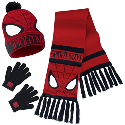 Marvel Avengers Schal Mütze Set und Handschuhe Jungen Spiderman Warme Wintermütze Set für Kinder (Rot Spiderman)