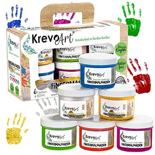 Krevo Art Fingermalfarben mit gold & silber, Fingerfarben für Kinder, 4 leuchtkräftige + 2 glitzernde Farben je 60ml, Auswaschbar, Vermalbar mit Pinsel, Schwamm, Fingern und Füßen