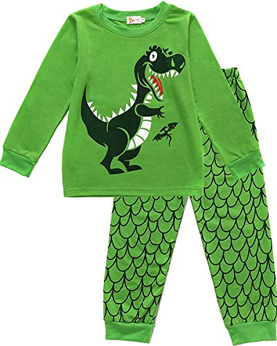 EULLA Jungen Schlafanzug Lang Kinder Pyjama Baumwolle Nachtwäsche, C-grün, EU 110(4-5Jahre)=Tag 120
