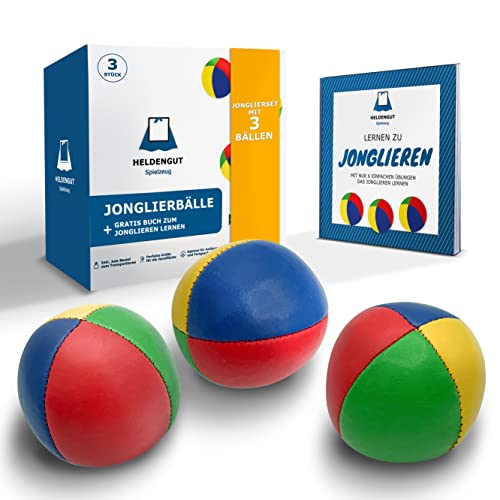 HELDENGUT [3X] geliebte Jonglierbälle für Kinder, Erwachsene, Anfänger & Profis - Perfekt ausbalancierter Jonglierball zum optimalen Jonglieren - Juggling Balls inkl. Jonglierbuch