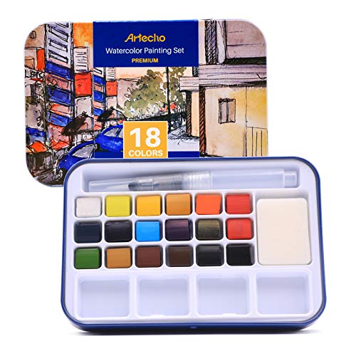 Artecho Aquarellfarben Set, 18 Basic Farben Wasserfarben, Aquarell mit Wassertankpinsel, Tragbar Aquarell Malkasten, perfekt für Anfänger und Profis, das ideale Geschenk