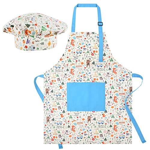KinHwa Baumwollschürzen für Kinder Einstellbare Kinderschürze mit Taschenküche Kochschürze für Kinder für Jungen oder Mädchen Perfekt für 4-8 Jahre (Blau Wald, Schürze + Kochmütze)